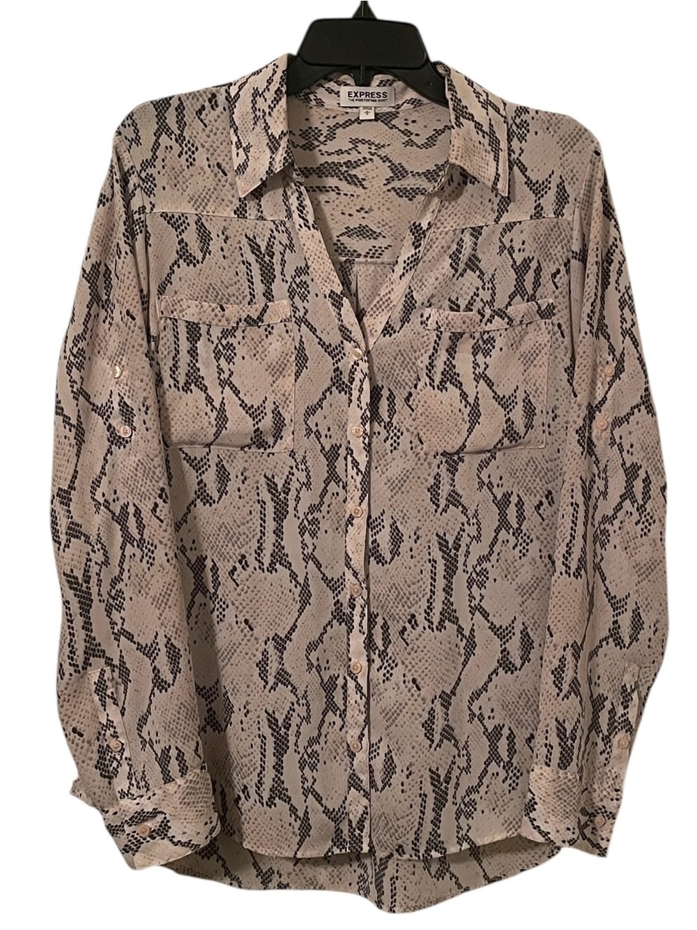 Express Women's Black Pink Animal Snake Print V-Neck Button Down Blouse Size L